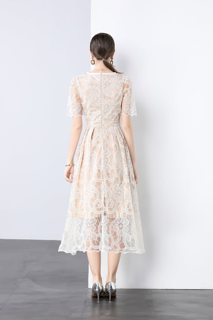 Cream Lace Bow Midi Dress – Romantic Puff Sleeve Summer Dress