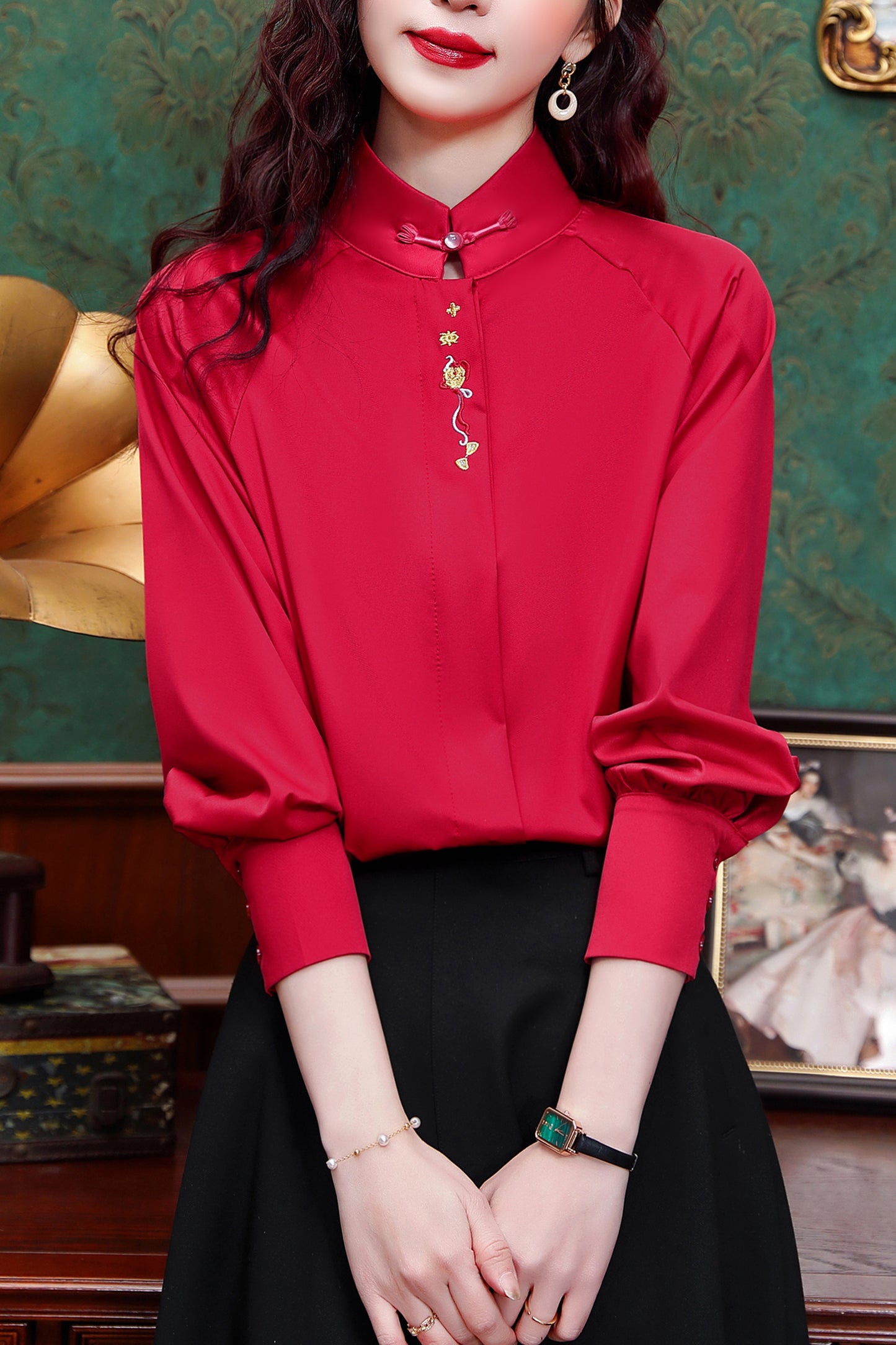 Women's Silk Satin Jacquard Long Sleeve Blouses