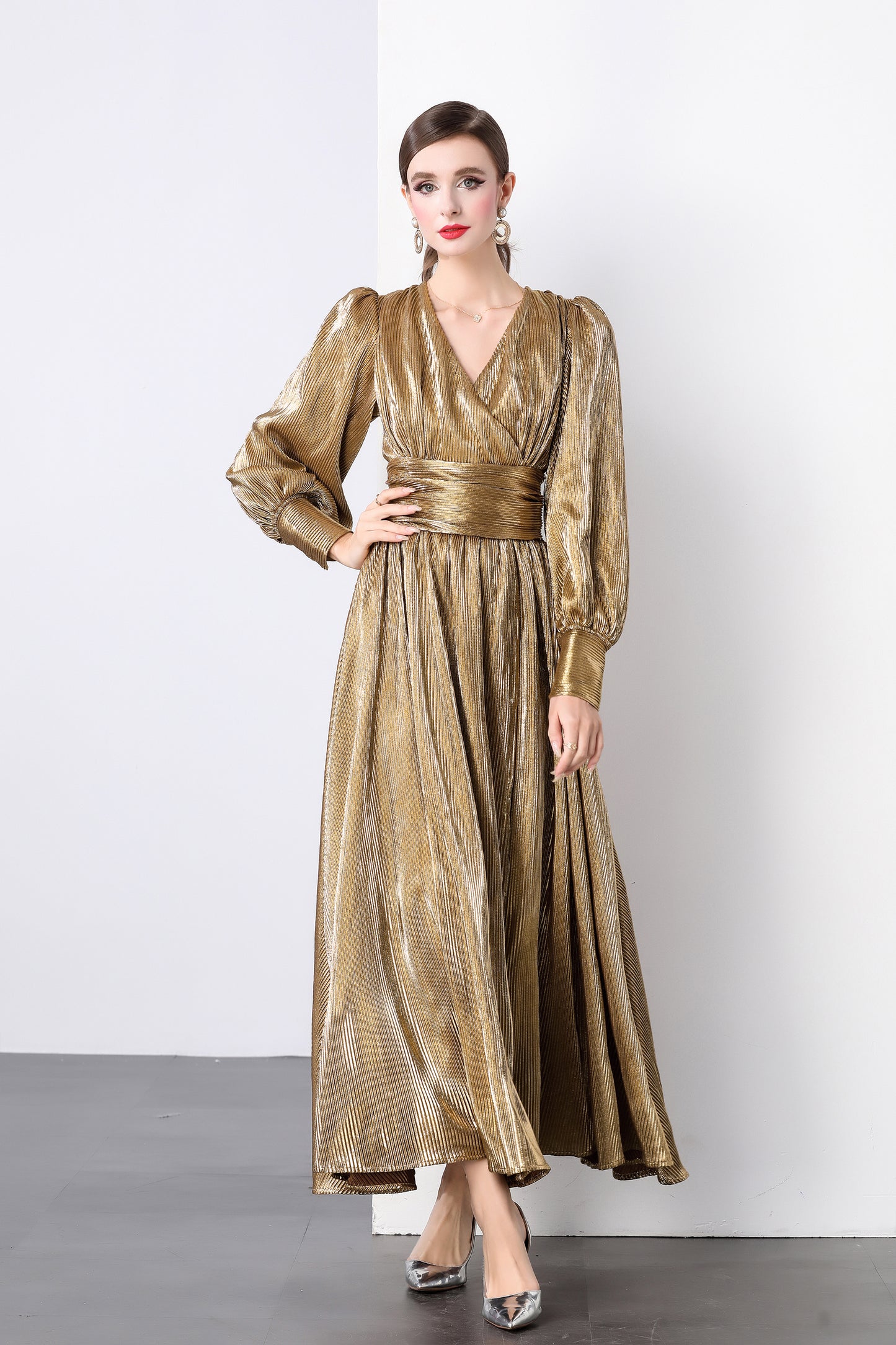 V-neck Puff Sleeves High Waist Maxi Dress