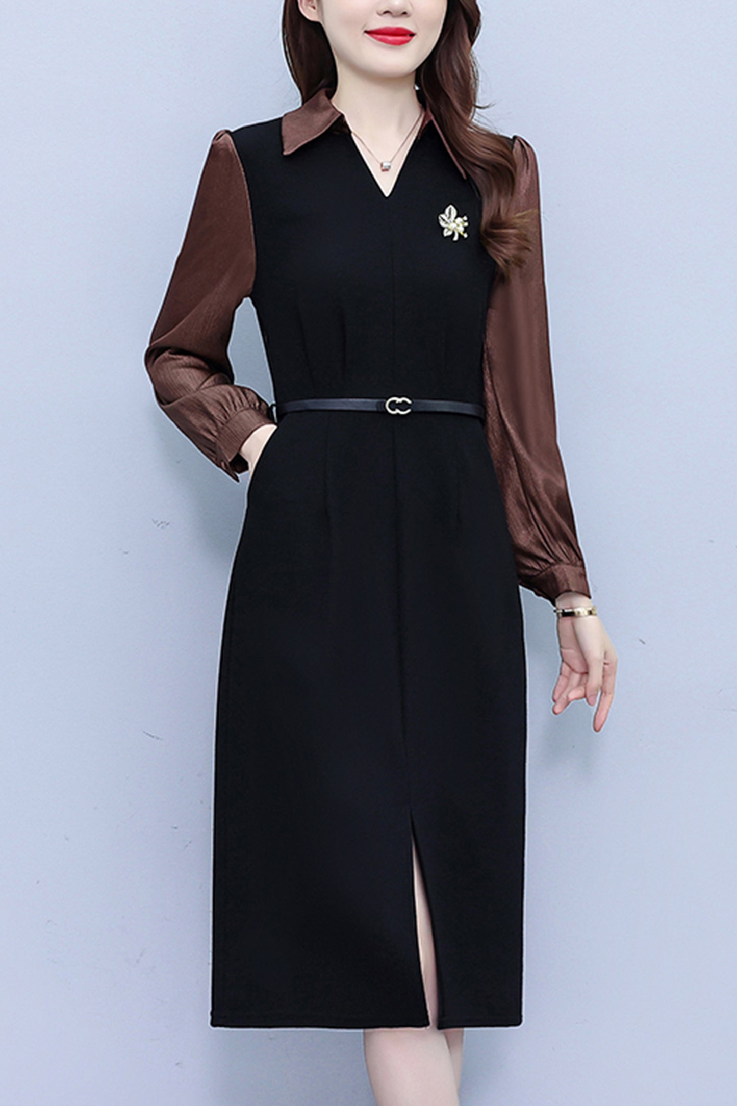 Women's Lapel V-Neck Pocket Long Sleeve Black Dress