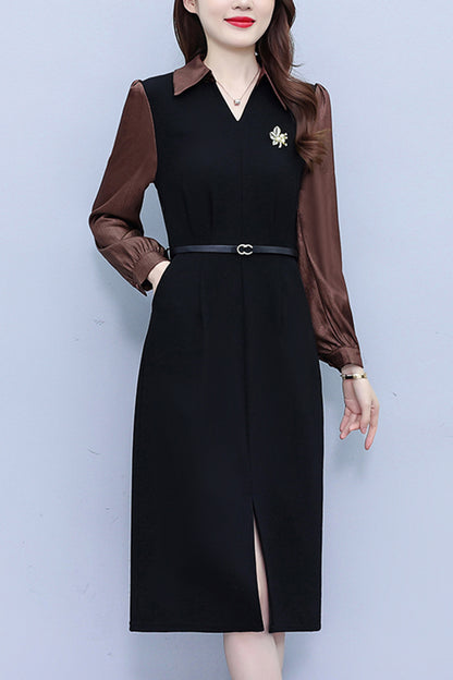 Women's Lapel V-Neck Pocket Long Sleeve Black Dress