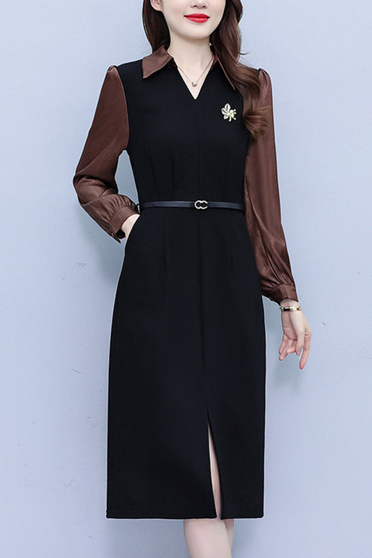 Women's Lapel V-Neck Pocket Long Sleeve Black Dress