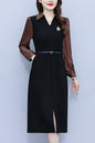 Women's Lapel V-Neck Pocket Long Sleeve Black Dress