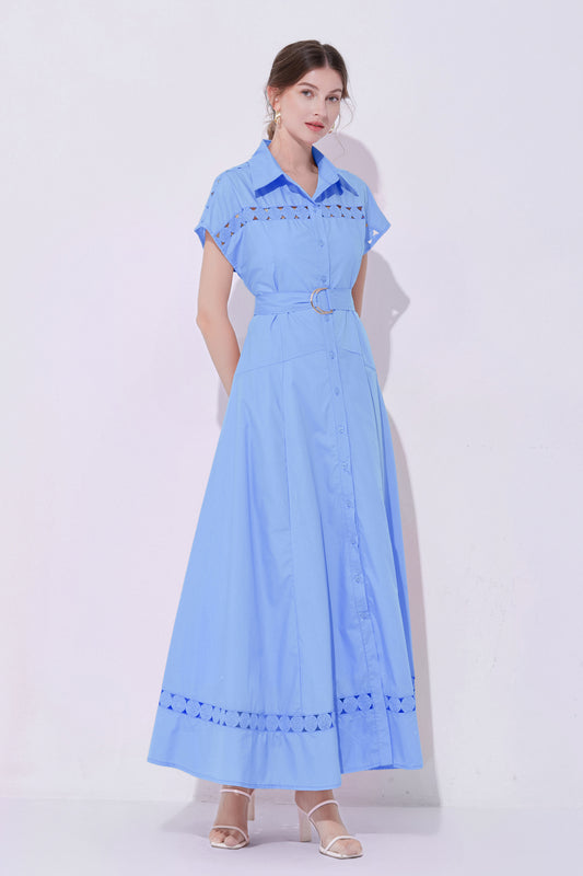 Women's Collar Hollow Cap Sleeve  Maxi Dress