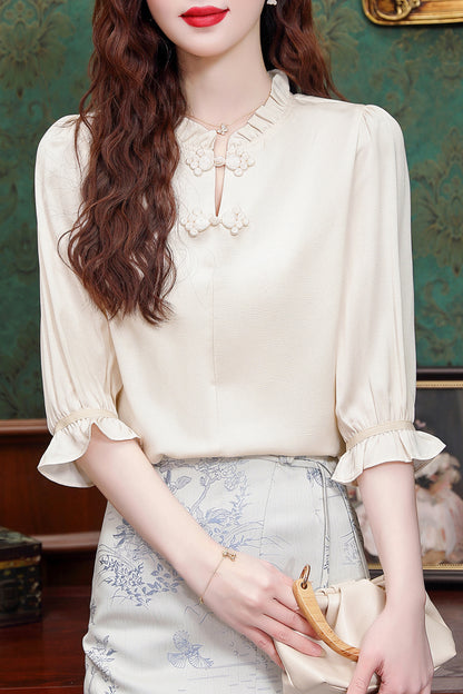 Women's Chinese Style Jacquard Short Sleeve Blouse