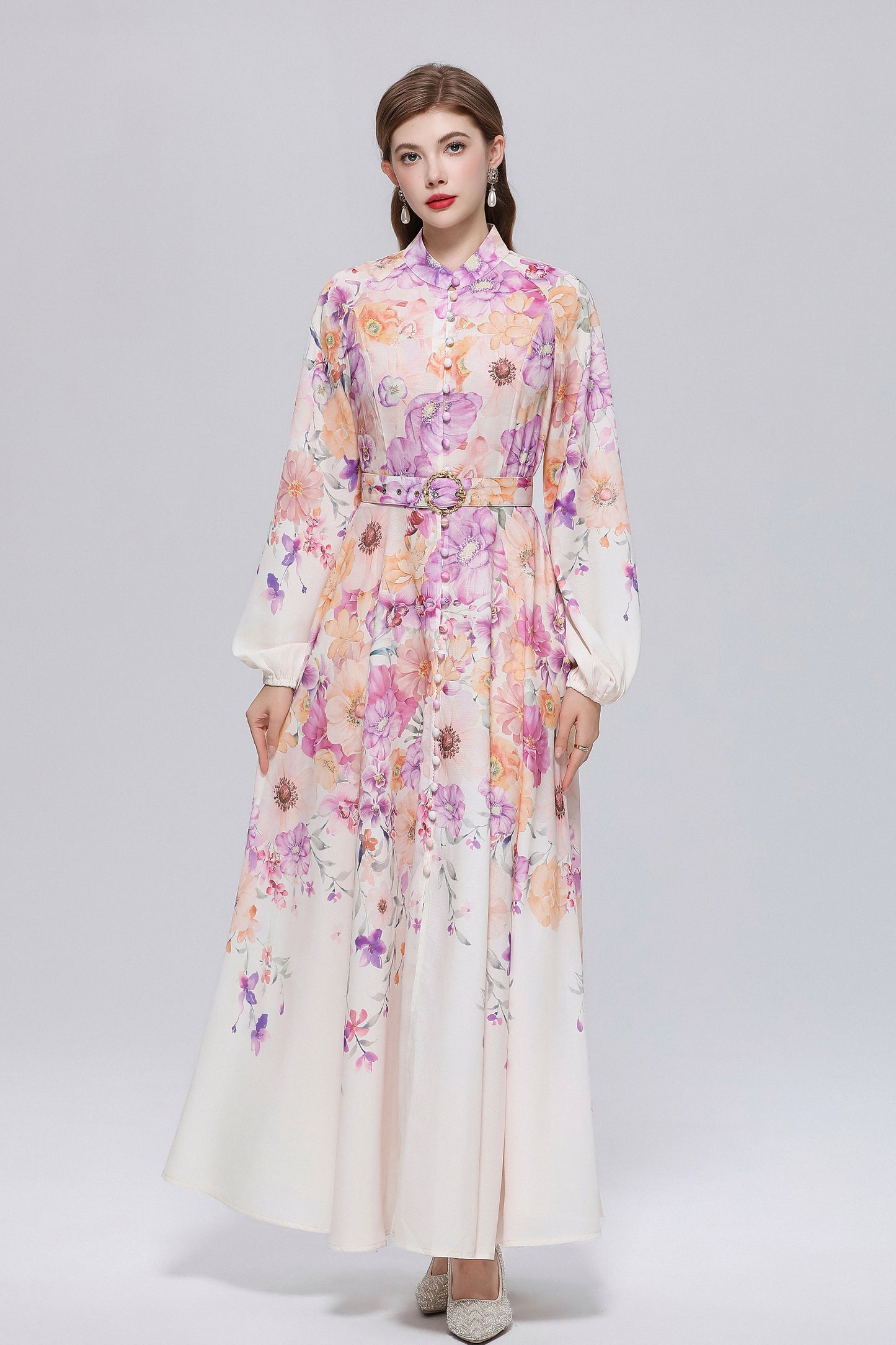 26-Women Floral Print Button Flowy Maxi Belt Dress
