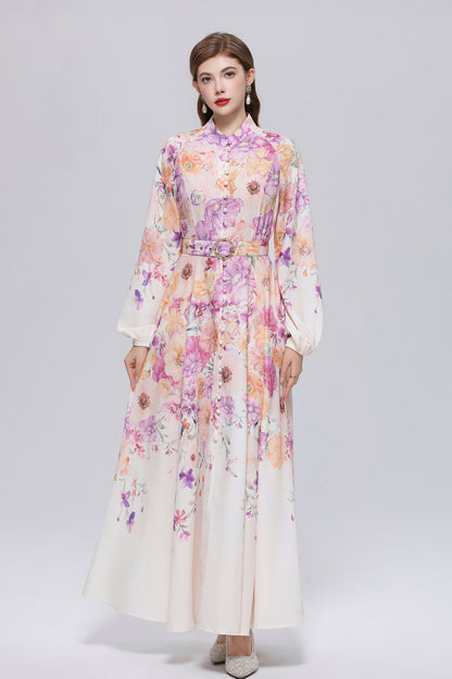 26-Women Floral Print Button Flowy Maxi Belt Dress