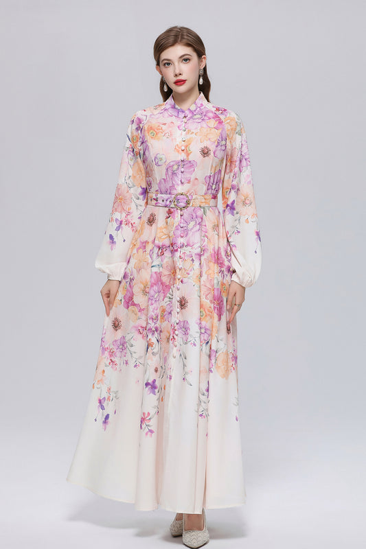 26-Women Floral Print Button Flowy Maxi Belt Dress