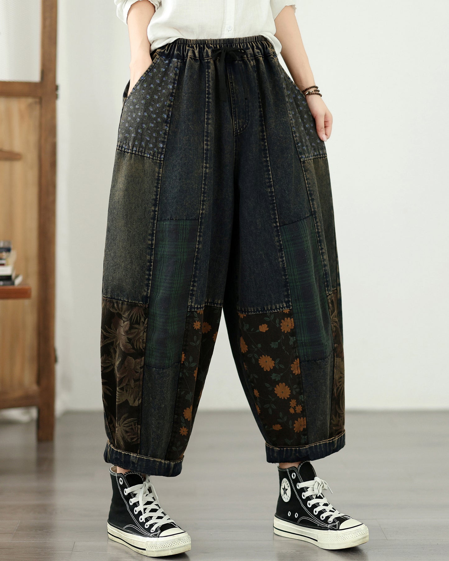 Vintage Patchwork Denim Harem Pants – Artistic Boho Lantern Jeans
