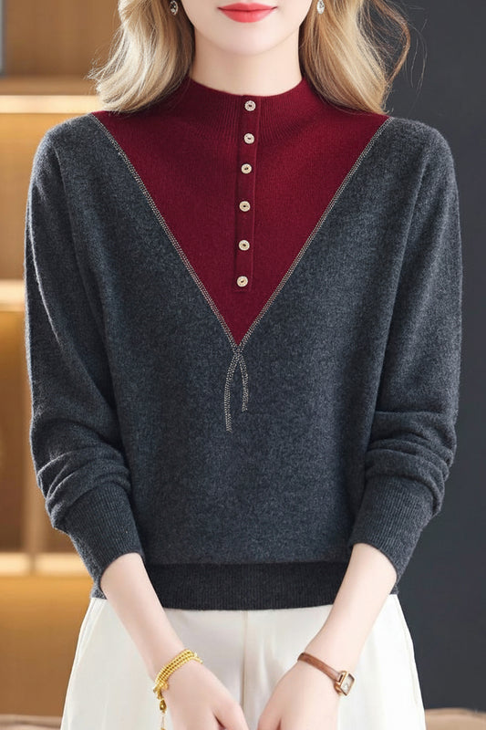 Women's Mock Neck Ribbed Sweaters Knit Patchwork Tops