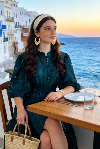 Emerald Jacquard Puff Sleeve Mini Dress
