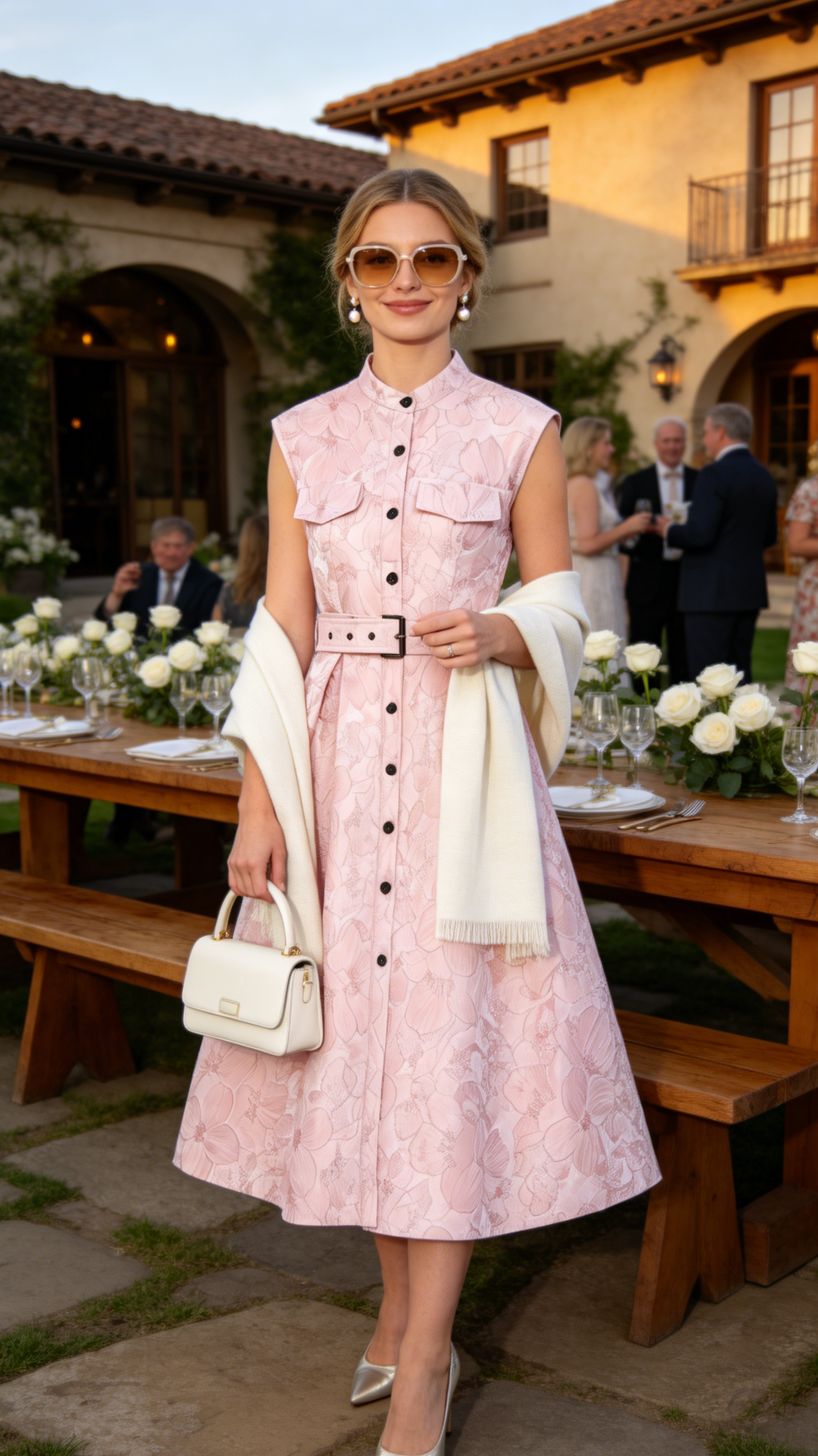 Pink Jacquard Midi Dress with Belt - LAI MENG FIVE CATS