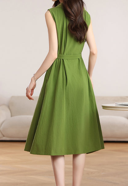 Green Sleeveless Button Front Belted Midi Dress with Pockets
