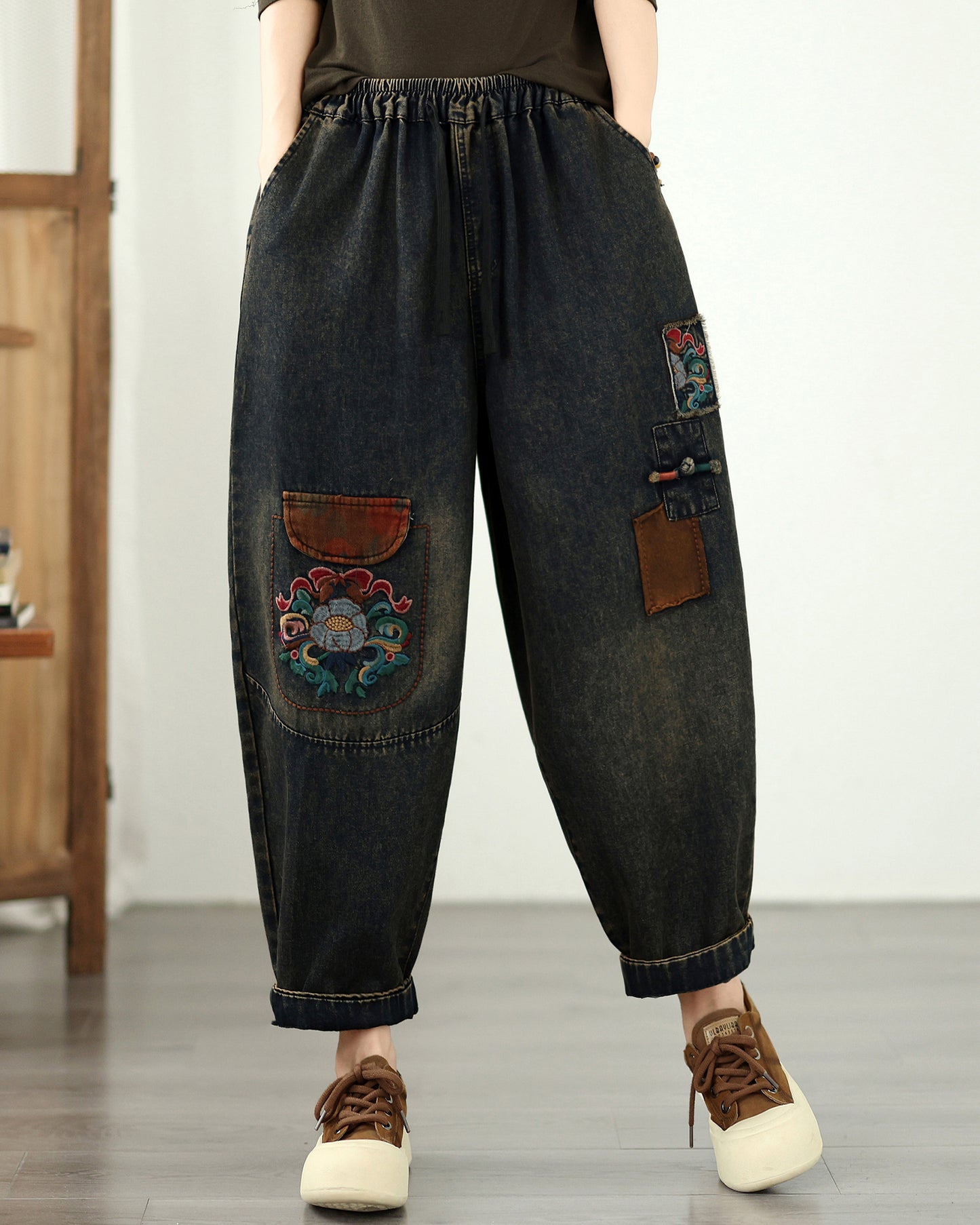 Retro Boho Patchwork Floral Print Denim Harem Pants