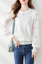 Women's Sweater Puff Sleeve Lace Knit Pullover Tops