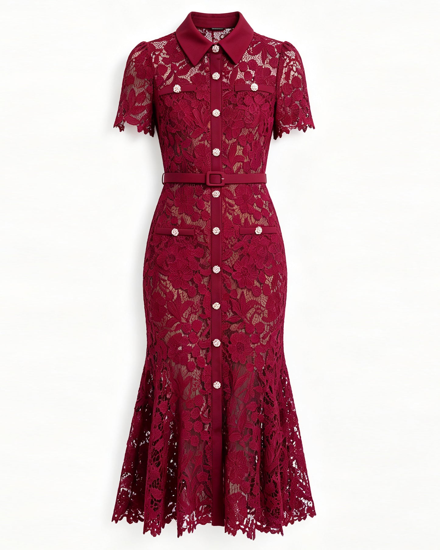 Lace Collared Belted Fishtail Dress | Wine Red