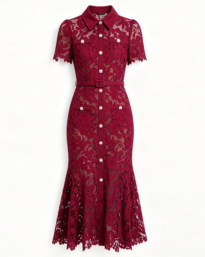 Lace Collared Belted Fishtail Dress | Wine Red