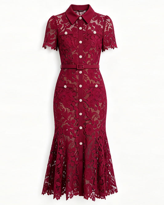 Lace Collared Belted Fishtail Midi Dress | Wine Red