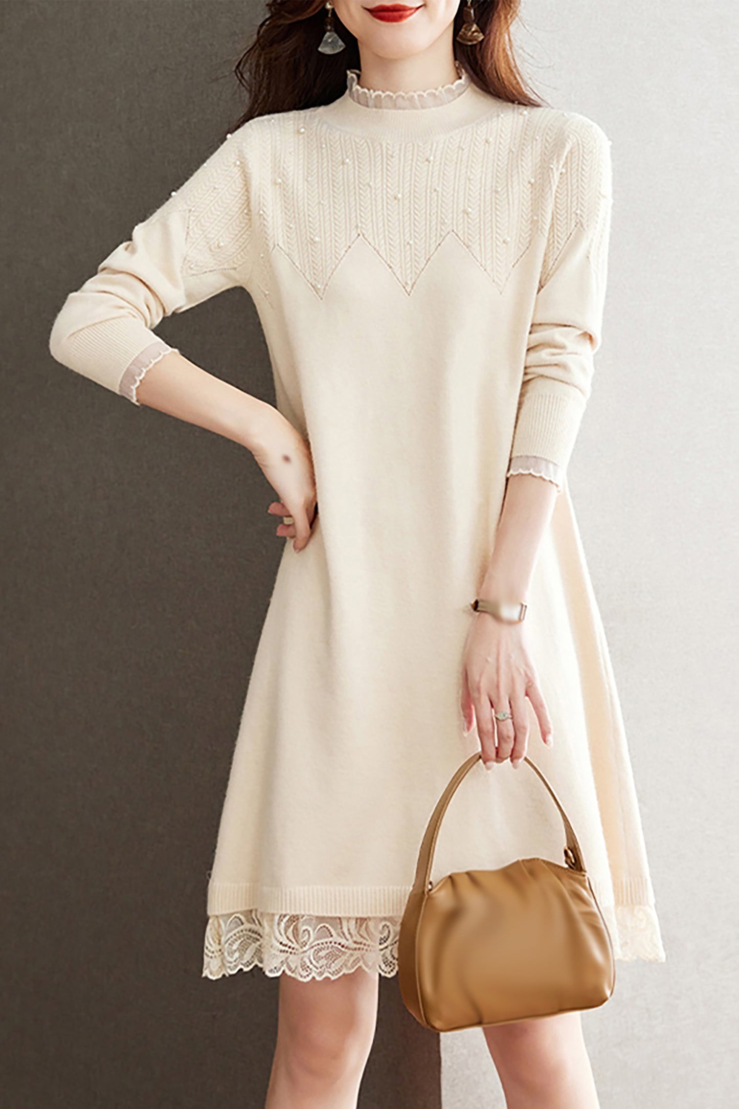 Lace Patchwork Shiny Beads Mini Sweater Dress