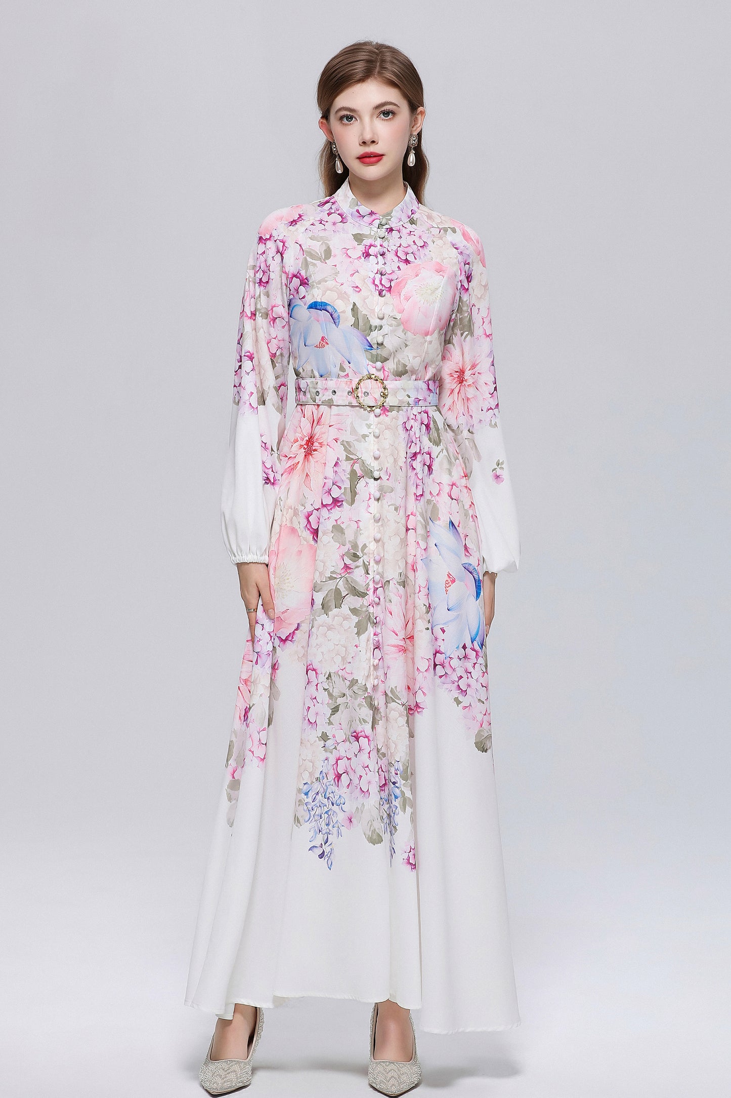 26-Women Floral Print Button Flowy Maxi Belt Dress - LAI MENG FIVE CATS