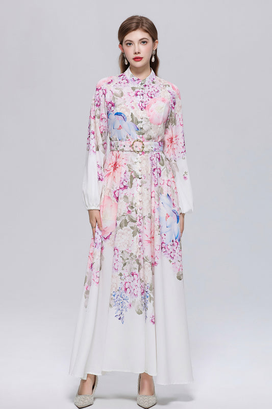26-Women Floral Print Button Flowy Maxi Belt Dress
