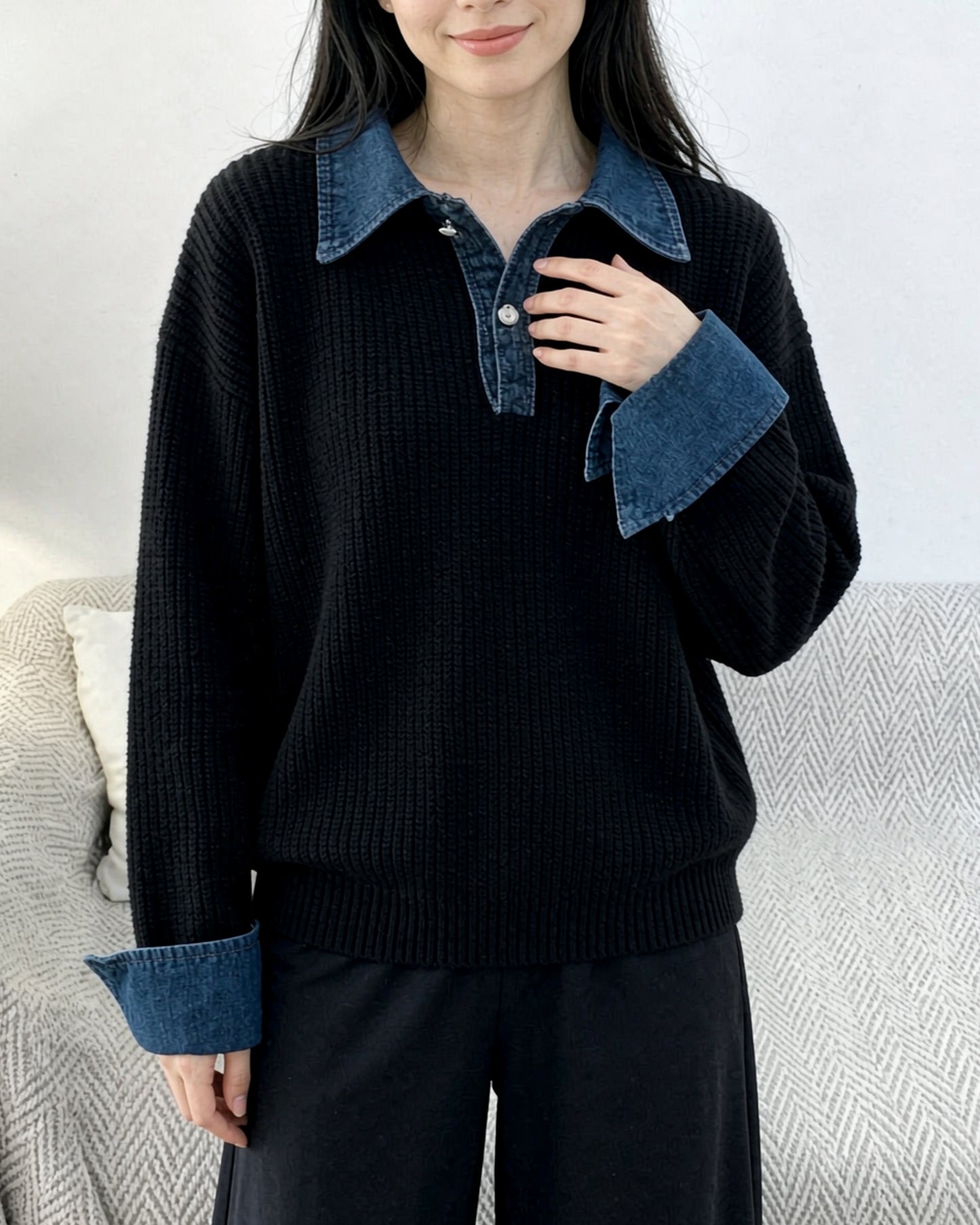 Denim Collar Color-Block Knit Sweater – Faux Two-Piece Long Sleeve Top - LAI MENG FIVE CATS