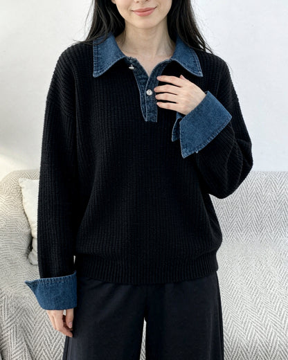 Denim Collar Color-Block Knit Sweater – Faux Two-Piece Long Sleeve Top - LAI MENG FIVE CATS