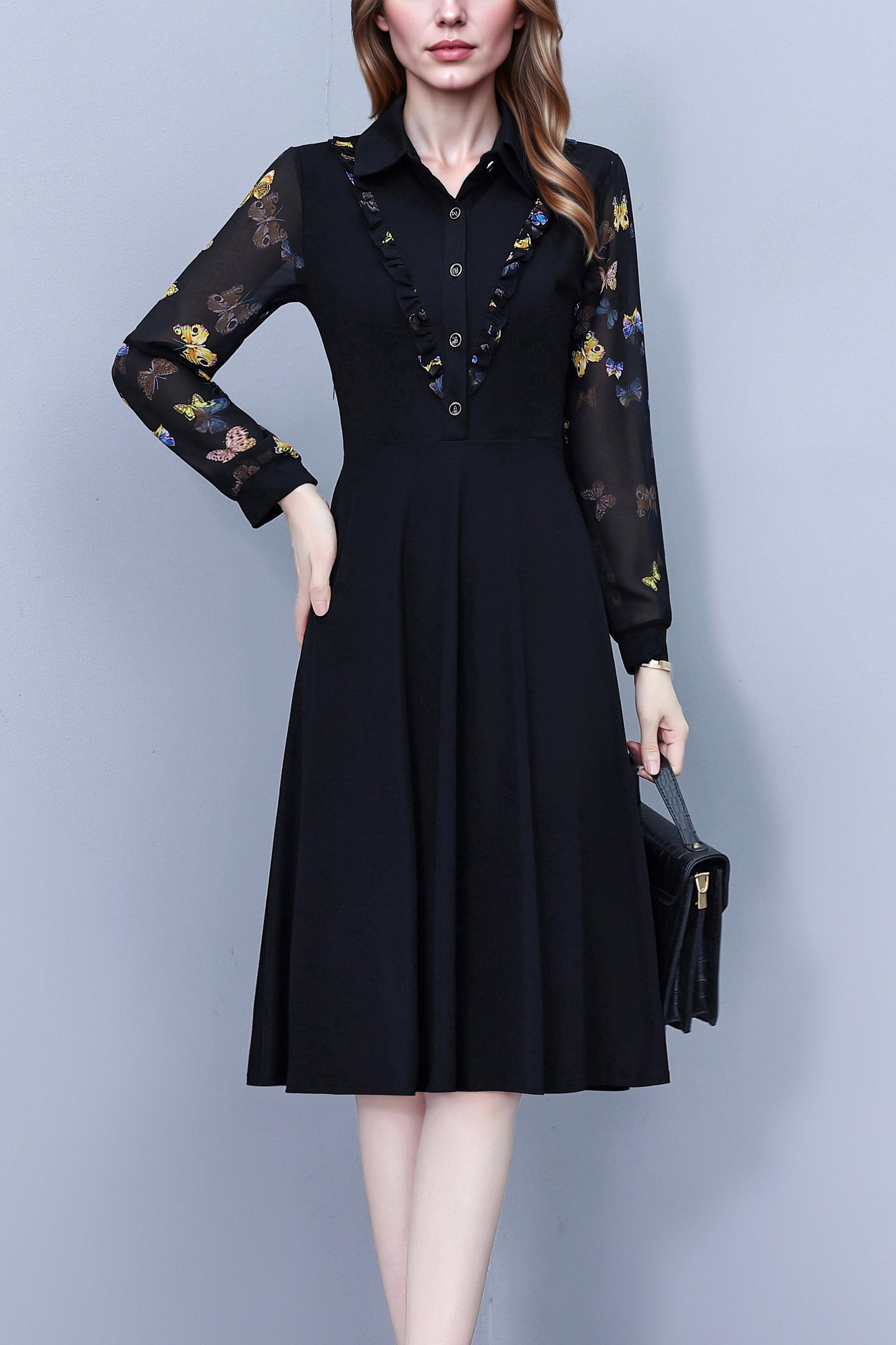 Women's V-Neck Long Sleeve Floral Print Black Dress