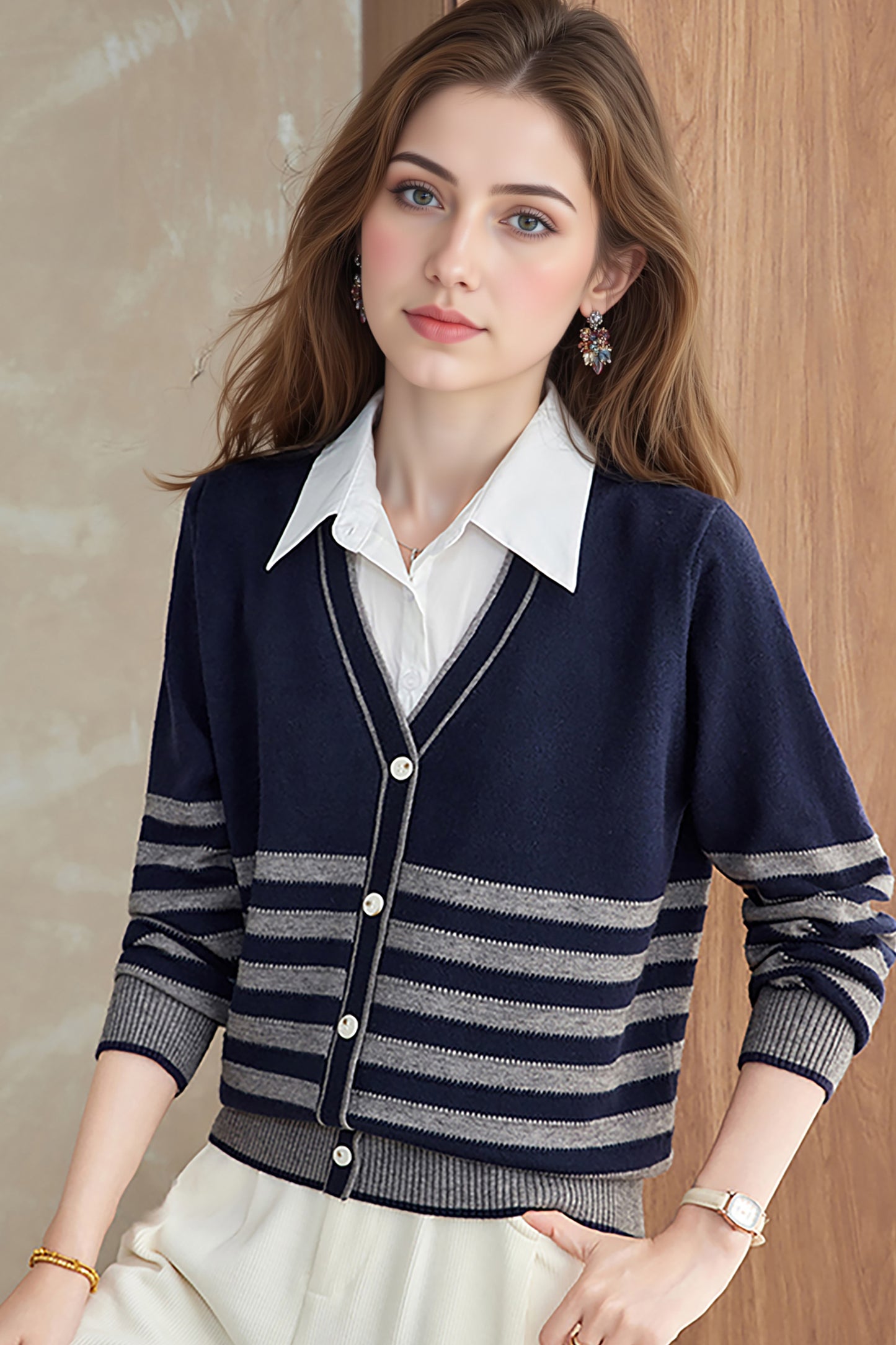Women's Striped Sweater 2 in 1 Lapel Knit Pullover