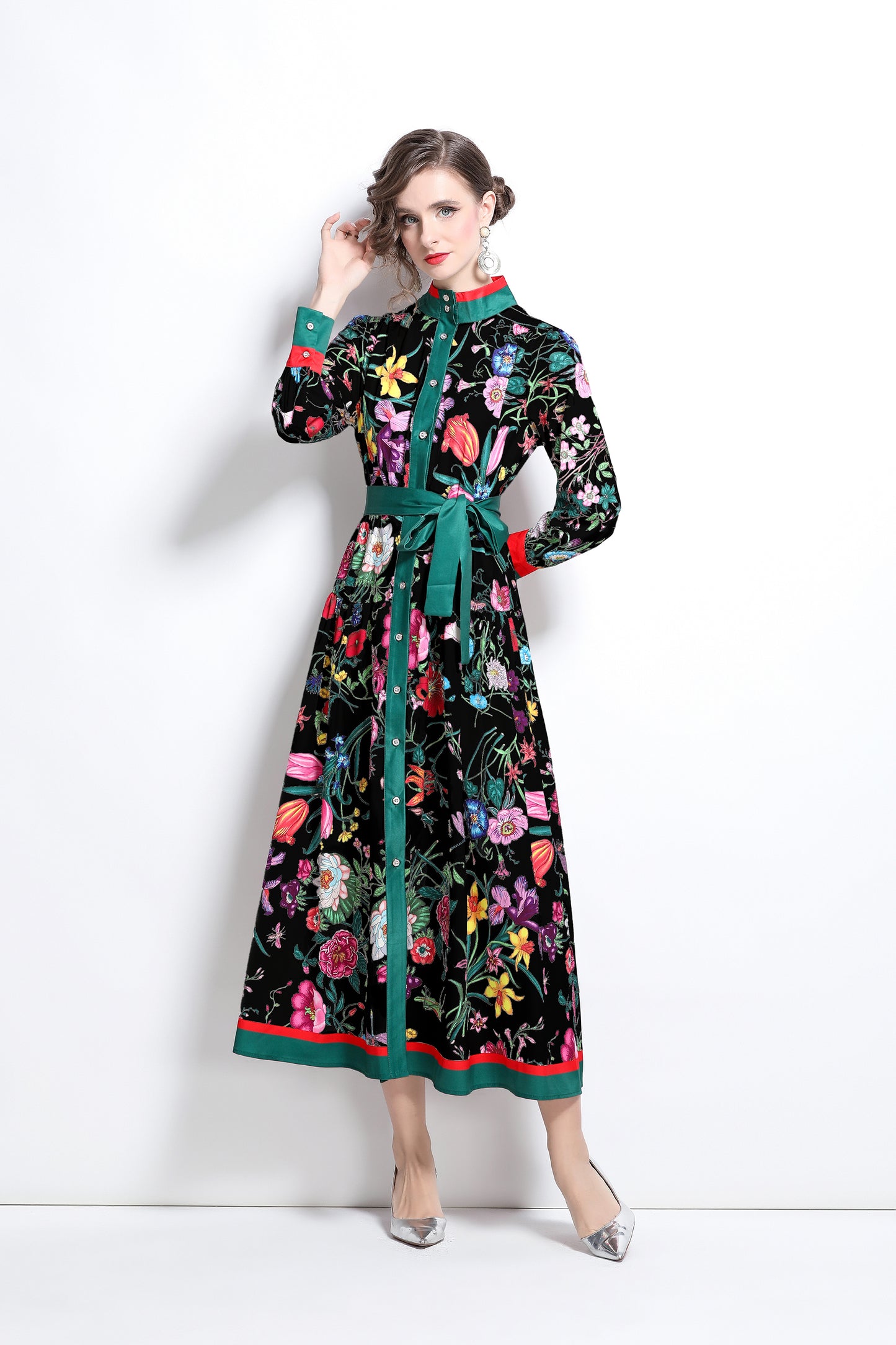 BK-Floral Print Button Up Casual Maxi Dress