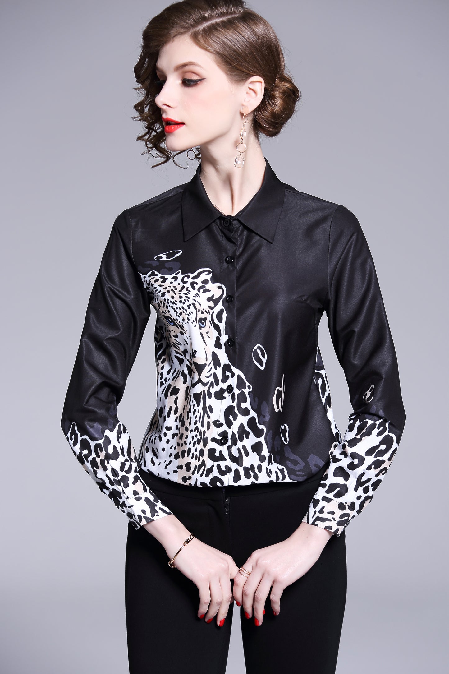 ESY-Women's Shirt Print Long Sleeve Button Blouse - LAI MENG FIVE CATS