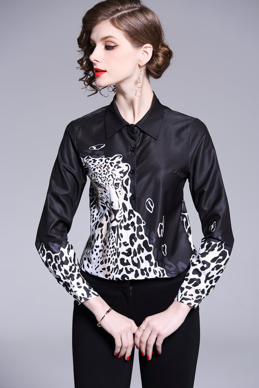 ESY-Women's Shirt Print Long Sleeve Button Blouse