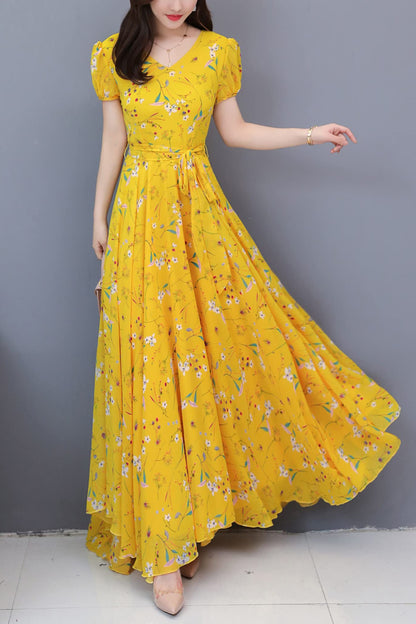 SSY-Women's Short Sleeve V-Neck Print Swing Maxi Dress