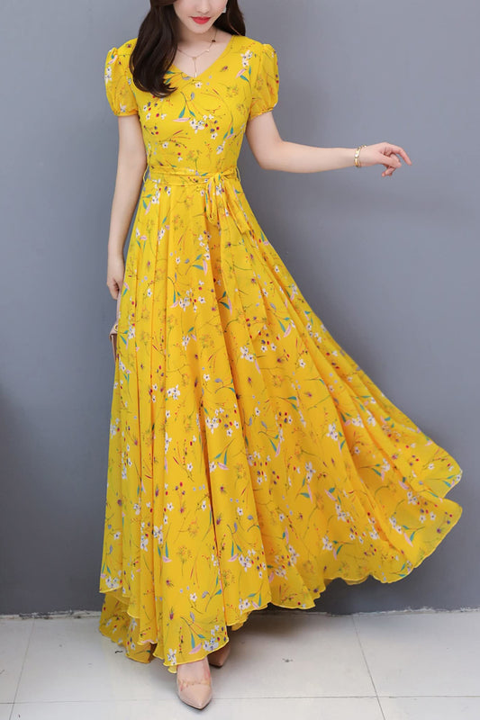 SSY-Women's Short Sleeve V-Neck Print Swing Maxi Dress