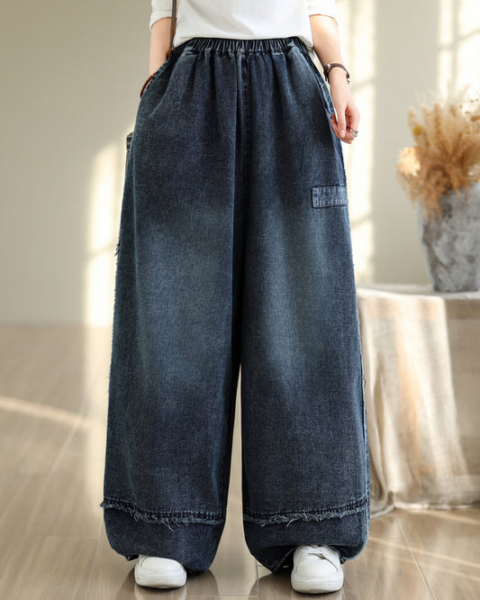 28669-Vintage Denim Wide-Leg Pants with Frayed Hem & Elastic Waist
