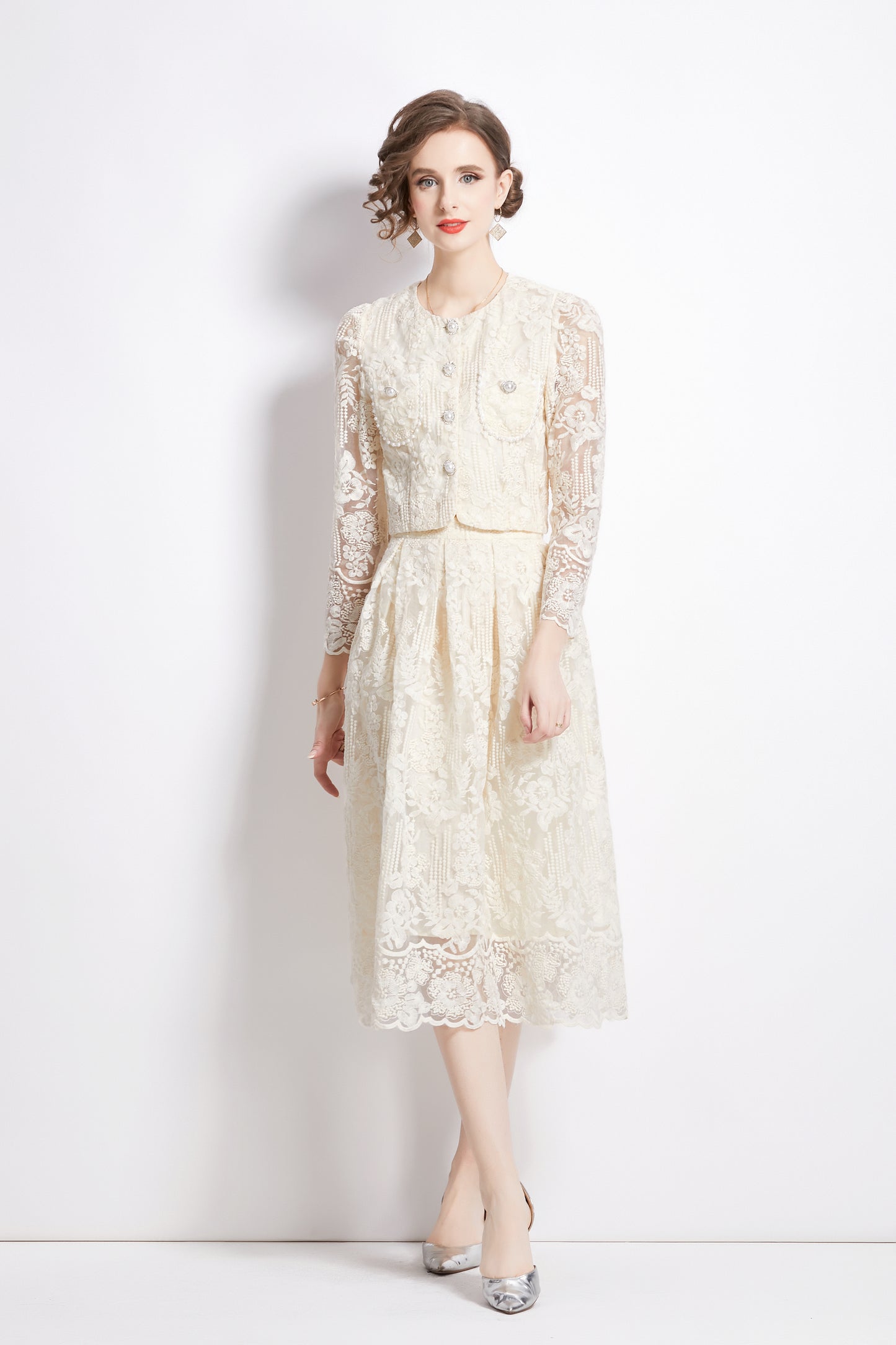 2 Pieces Chiffon Lace Button Midi Dress