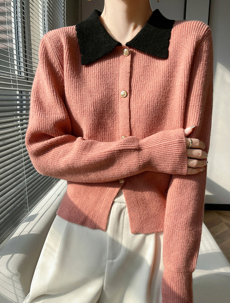 Chic Contrast Collar Knit Cardigan – Vintage Button Ribbed Sweater Top