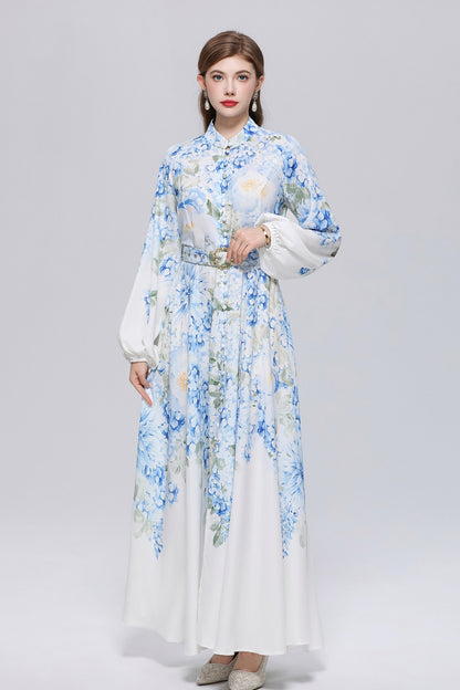 26-Women Floral Print Button Flowy Maxi Belt Dress