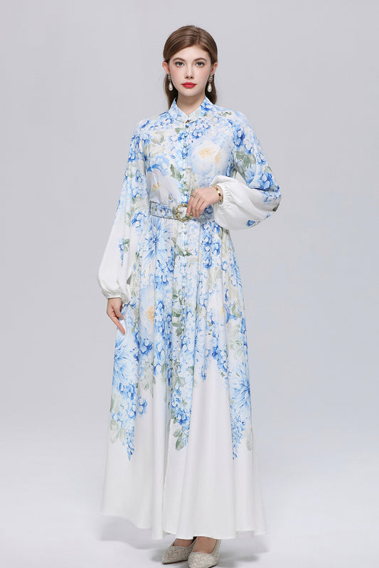 26-Women Floral Print Button Flowy Maxi Belt Dress