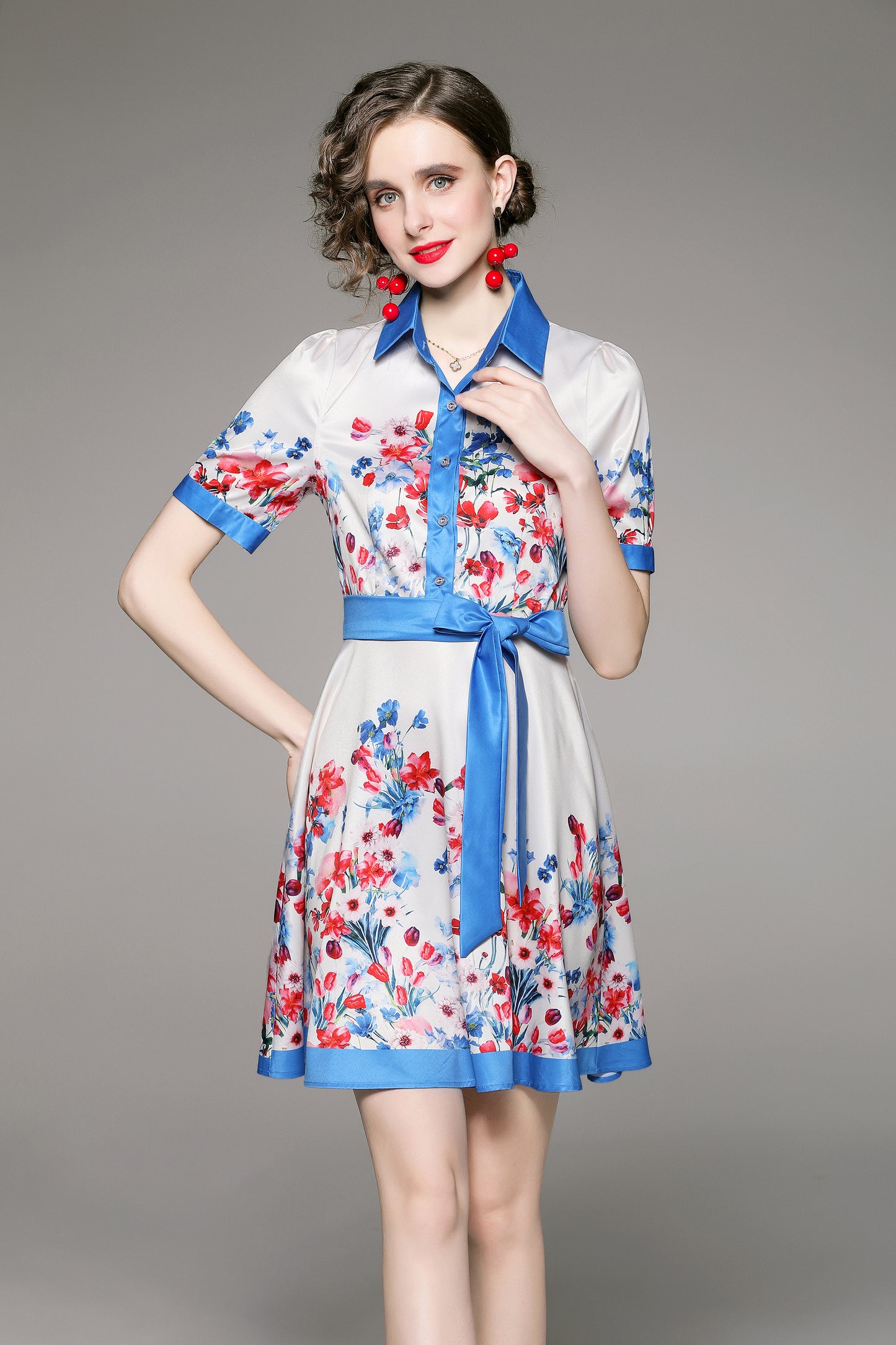SSY-Women's Floral Lapel Collar Short Sleeve Mini Dress