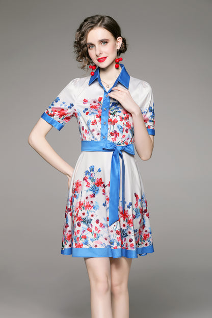 SSY-Women's Floral Lapel Collar Short Sleeve Mini Dress