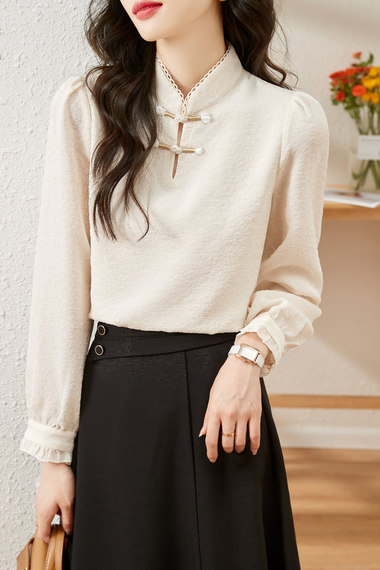 Women's Silk Satin Mandarin Collar Long Sleeve Blouse Top - LAI MENG FIVE CATS