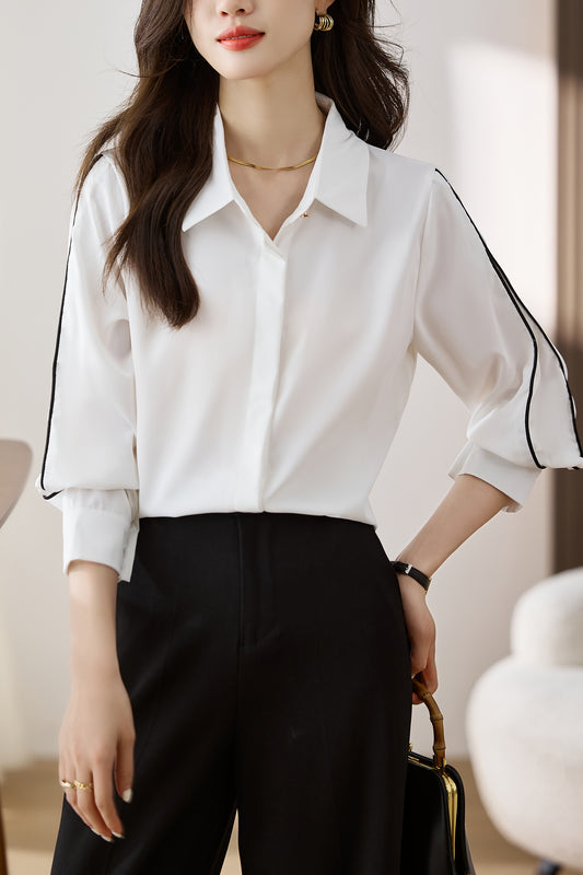 Women's Lapel Collar Long Sleeve Casual Button Blouse - LAI MENG FIVE CATS