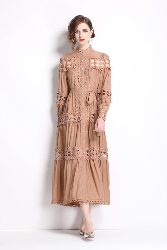 Button Lace Layered Hem Puff Sleeves Dress