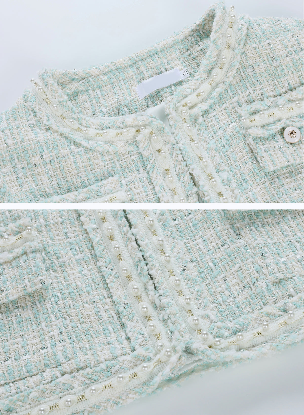 28705 Mint Blue Pearl-Trim Tweed Jacket