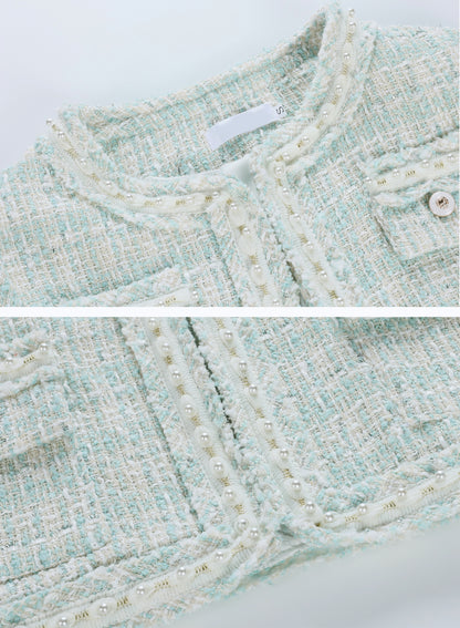 28705 Mint Blue Pearl-Trim Tweed Jacket