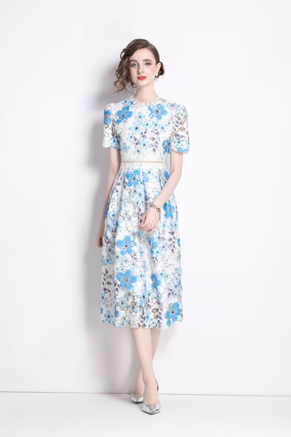 Women's Lace Floral Crochet Waist Midi Dress