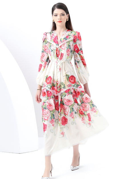 Women's V-Neck Lantern Sleeve Floral Print Maxi Dress