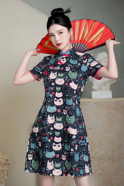 Women's Chinese Cheongsam Print Mini Dress