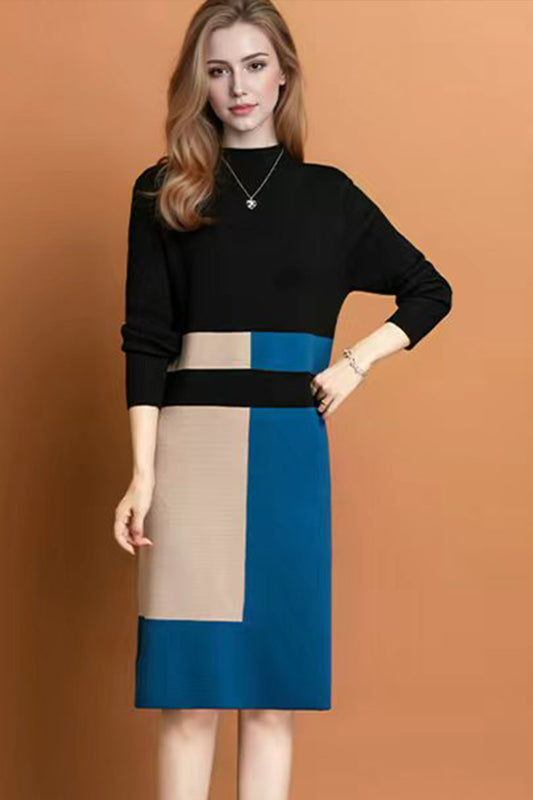 Women's Fall Long Sleeve Knitted Sweater Midi Dress